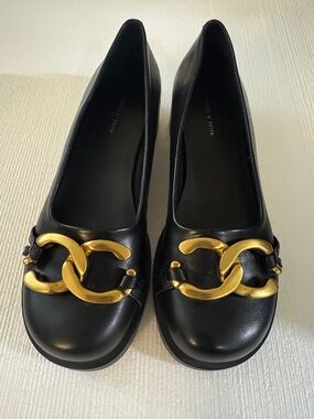Charles & Keith Black Flats with Gold Chain Detail